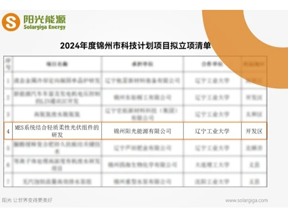 Highlight | Solargiga Energy's "R&D of MES System and Lightweight Flexible Photovoltaic Modules" Was Approved as a Jinzhou Science and Technology Project